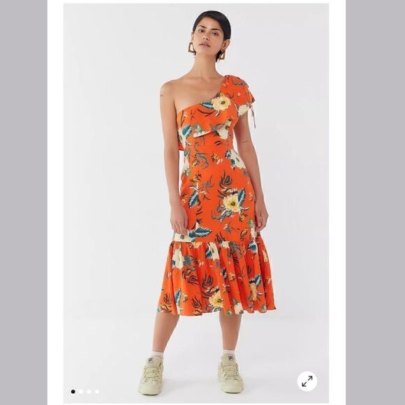 Urban Outfitters Carmen Orange Floral One-Shoulder Midi Dress Size XS - Picture 3 of 9